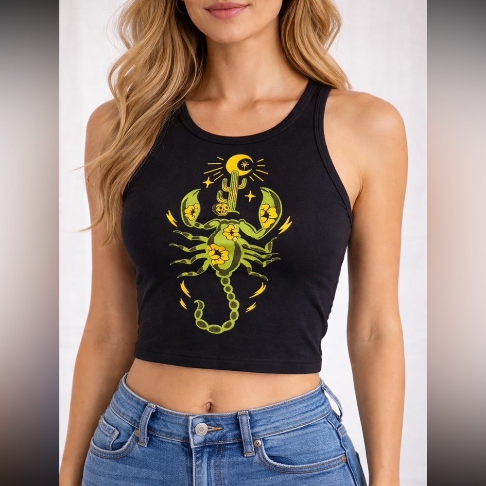 Black Crop Top With Green Scorpion Design View 4